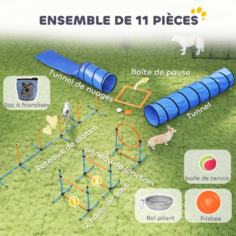 PawHut Ensemble d'Agilité pour Chien 11 Pièces, Parcours d'Obstacle avec 2 Tunnels, Sauts Ajustables, Orange et Bleu