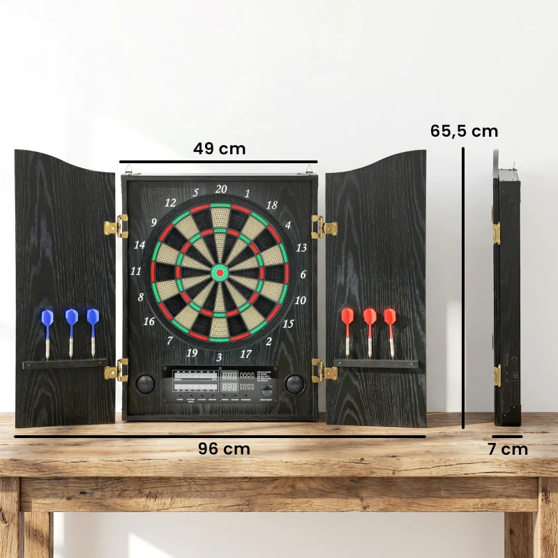 SPORTNOW Elektronische Dartscheibe E Dartboard mit Türen Holzoptik LED Anzeige Sprachansagen 6 Dartpfeile, 24 Ersatzspitzen