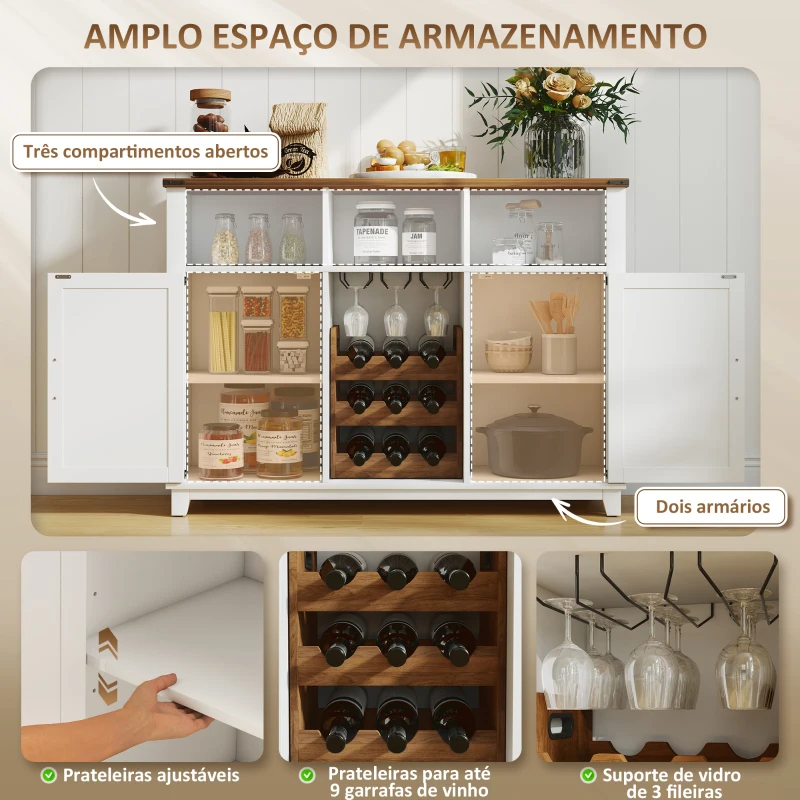 HOMCOM Aparador de Cozinha Rústico com Prateleiras Ajustáveis e Suporte para Garrafas 120x37x88 cm Branco