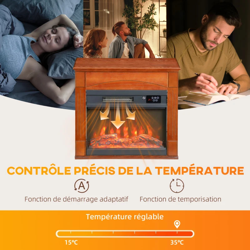 HOMCOM Cheminée électrique 1000W/2000W, fausse cheminée effet flamme 3D à 6 couleurs et 3 luminosités, 68,5x27,5x63cm, marron