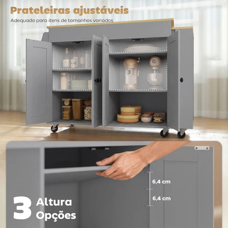 HOMCOM Ilha de Cozinha com Rodas Tampo Extensível Carrinho de Cozinha com 4 Portas Prateleiras Ajustáveis Estante Lateral Aberta Cinza