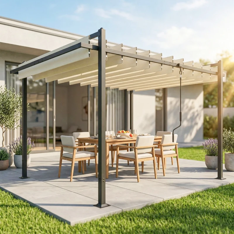 Outsunny Pérgola de Jardim 3x3,8 m com Toldo Corrediço Ajustável a 90° Manivela, Estrutura de Alumínio e Aço UPF50+ Bege