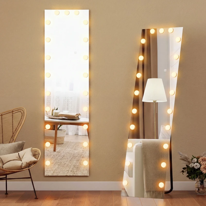 HOMCOM Ganzkörperspiegel 150x40 cm RGB-LED Standspiegel mit 21 Glühbirnen 7 Lichtfarbe Touch-Schalter Memory-Funktion