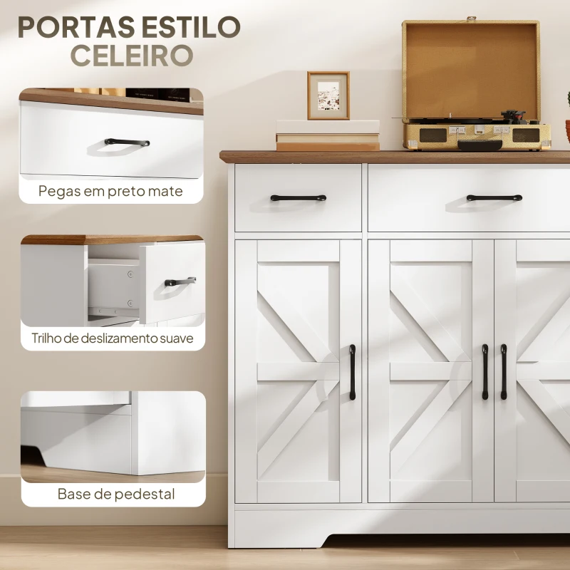HOMCOM Aparador de Cozinha Rústico 4 Prateleiras de Porta Prateleiras Ajustáveis 3 Gavetas 120x38x87 cm Branco e Nogueira