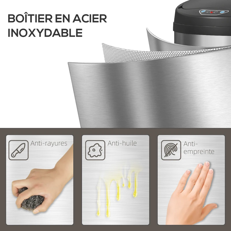 HOMCOM Poubelle cuisine automatique 50L acier inoxydable, poubelle à couvercle à fermeture en douceur, 30,5x30,5x85cm, argent