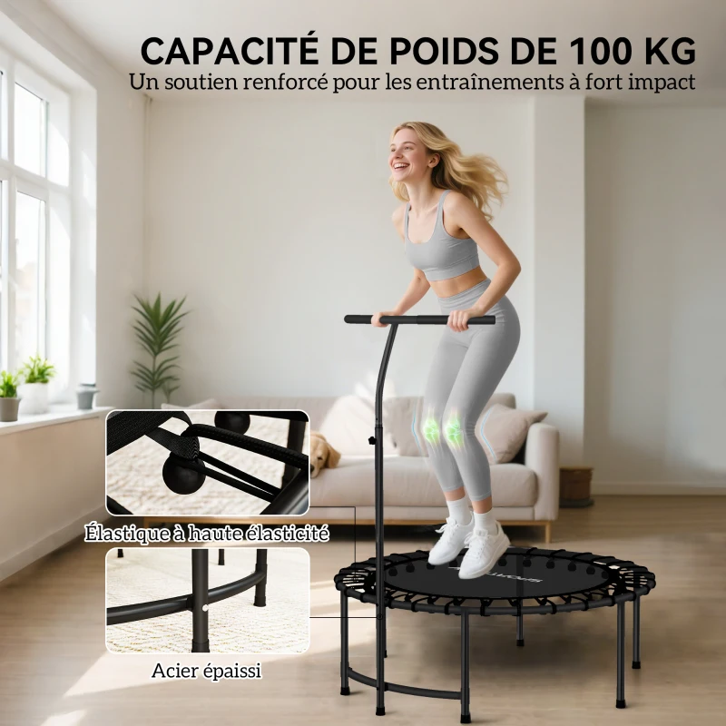 SPORTNOW Trampoline de Fitness avec Cordes Élastiques, Poignée Réglable 5 Positions, Capacité 100 kg, Acier, Ø102x132cm, Noir
