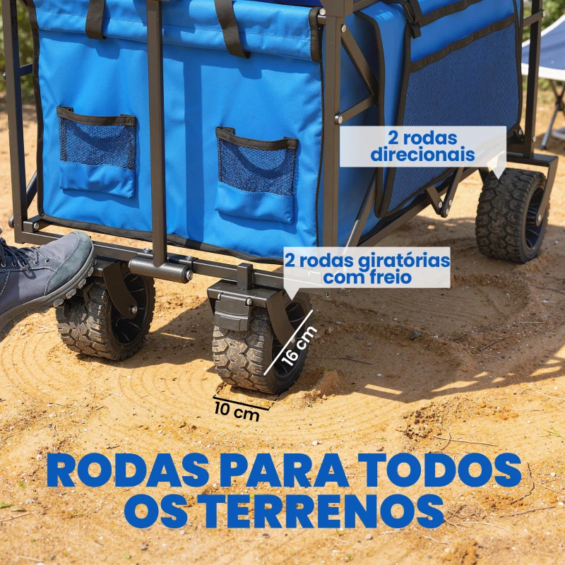 Outsunny Carrinho de Transporte com Rodas Grandes Travão Teto Amovível Carro Dobrável para Jardim com Barra Ajustável 125x59x133 cm Azul