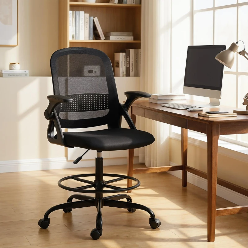 HOMCOM Chaise de bureau en maille, chaise d'ordinateur avec accoudoirs rabattables, hauteur réglable, repose-pieds, noir