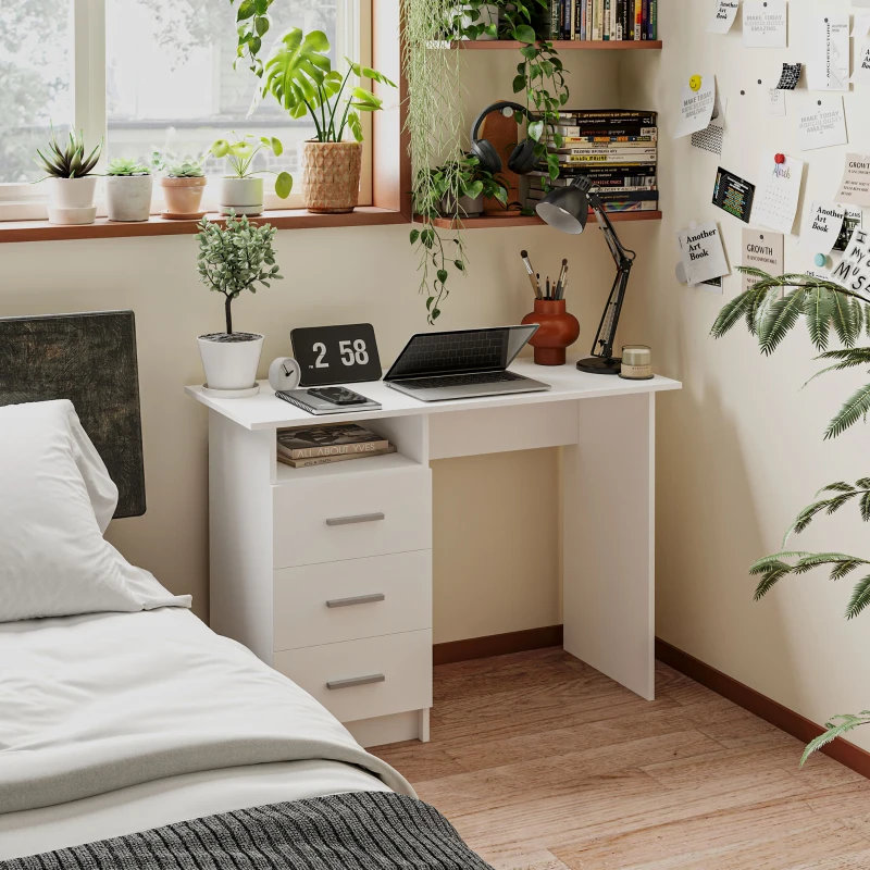 HOMCOM Bureau d'ordinateur avec 3 tiroirs et étagère ouverte, bureau informatique, style moderne, 100 x 40 x 75 cm, blanc