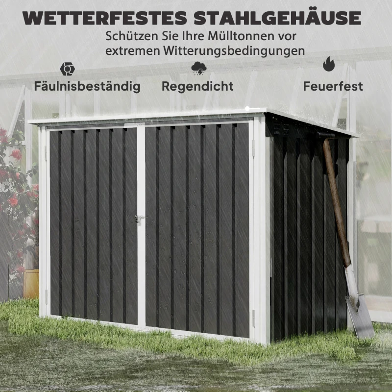 Outsunny Mülltonnenbox für 2 Mülltonnen aus verzinktem Stahl Müllbox mit Klappdeckel Gasdruckfeder Doppeltür Belüftungsöffnungen