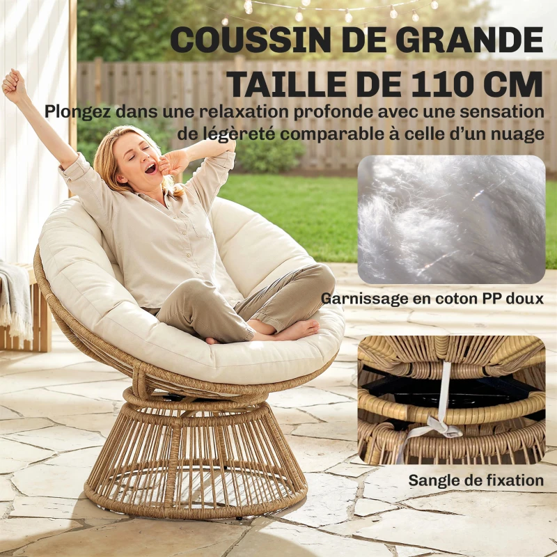 Outsunny Fauteuil Papasan Pivotant 360° Fauteuil de Jardin en Polyrotin Coussin Moelleux 12cm 93 x 81 x 87 cm Naturel