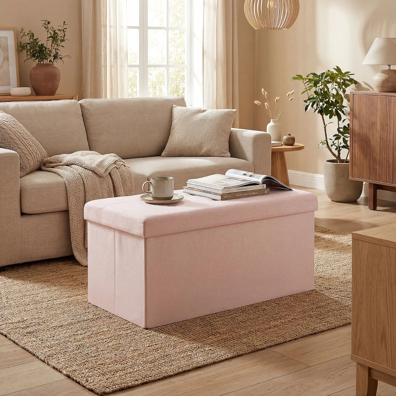 HOMCOM Puff de Arrumação Banco Dobrável 84 L 76x38x38 cm Estofado em Linho Sintético, Baú de Arrumação Rosa