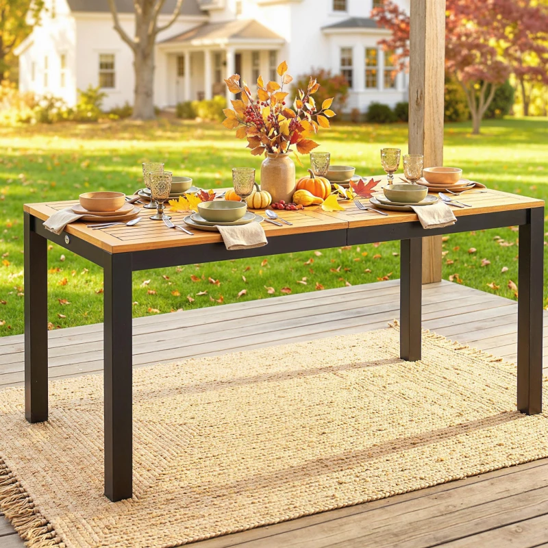Outsunny Table à manger de jardin en bois pour 6 personnes avec surface à lattes Orifice 150x75x75 cm Naturel