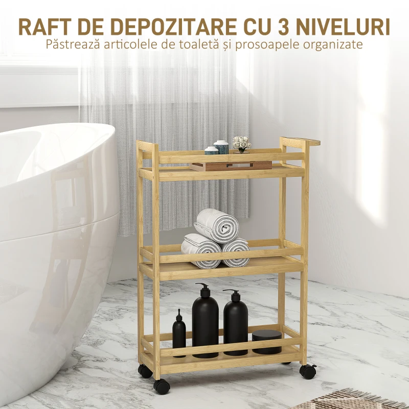 HOMCOM Raft de Baie din Bambus cu 3 Niveluri, Carucior Organizator cu Roți pentru Bucătărie, Baie, Living, 55 x 20 x 75 cm - Natural