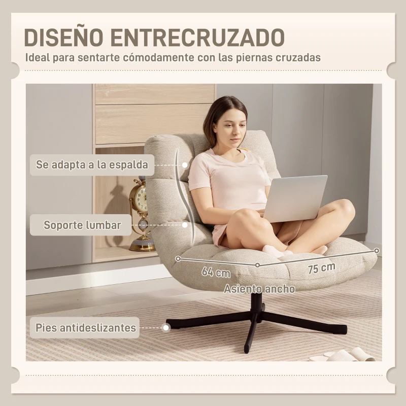 HOMCOM Butaca de Salón Giratoria Moderna Tapizada en Chenilla con Asiento Ancho Base Cruz y Patas de Acero Sillón Relax Crema