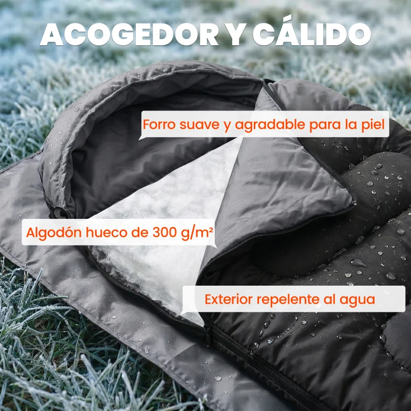 Outsunny Saco de Dormir Adulto Ligero y Compacto para 3 Estaciones Impermeable Portátil Tamaño Pequeño para Acampar Negro