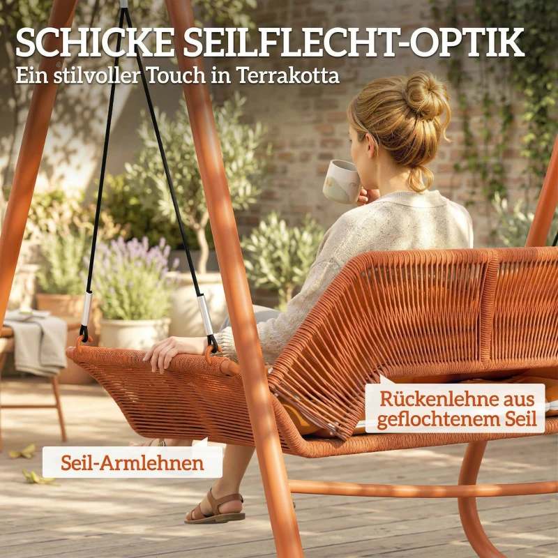 Outsunny Hollywoodschaukel, Gartenschaukel mit Kissen, Gestell, für Garten, Balkon, 174 x 120 x 162 cm, Metall, Terrakotta