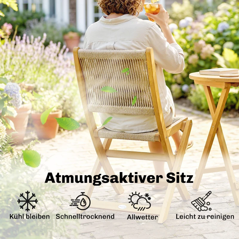 Outsunny Balkonmöbel Set 3 teilig Polyrattan Holz klappbar Gartenmöbel Set mit Tisch 2 Stühle, Atmungsaktiv