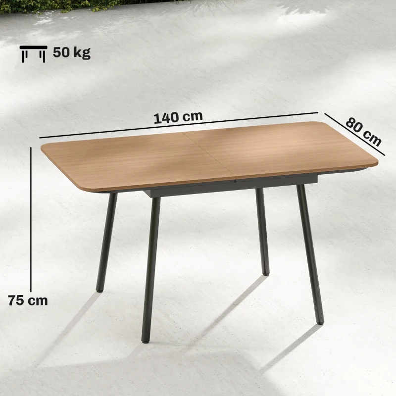 Outsunny Mesa de jardín 140 x 80 cm para 6 personas, resistente al óxido, mesa de comedor exterior con tablero WPC, patas ajustables, teca