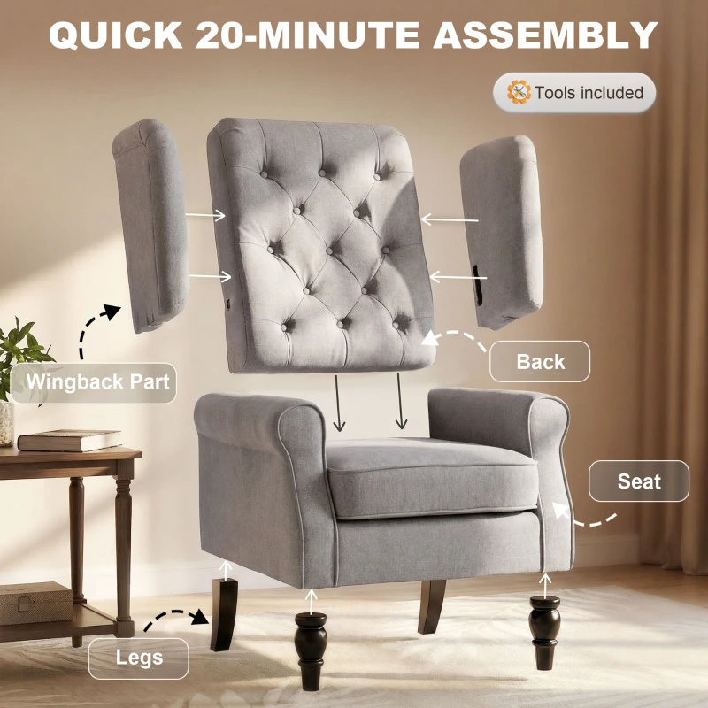 HOMCOM Retro Accent Chair, Wingback Armchair with Wood Frame Button Tufted Design for Living Room Bedroom, Grey