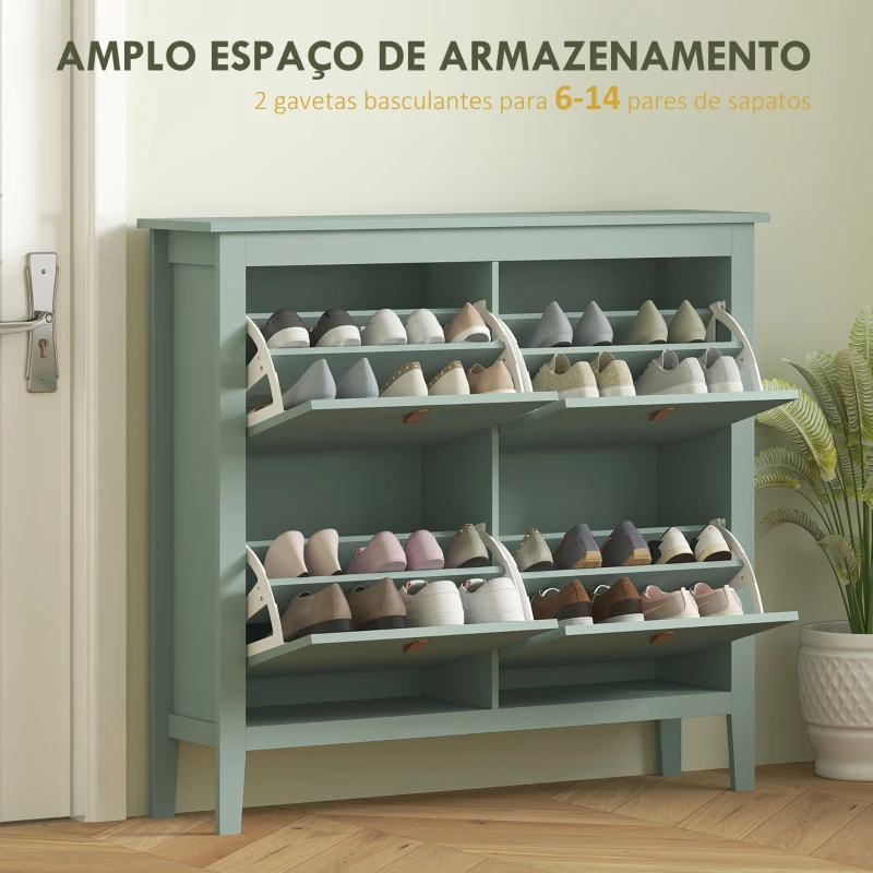 HOMCOM Sapateiro Estreito com 4 Compartimentos e Puxadores de Couro PU para Corredor e Hall 105x24x95,5 cm Verde Claro