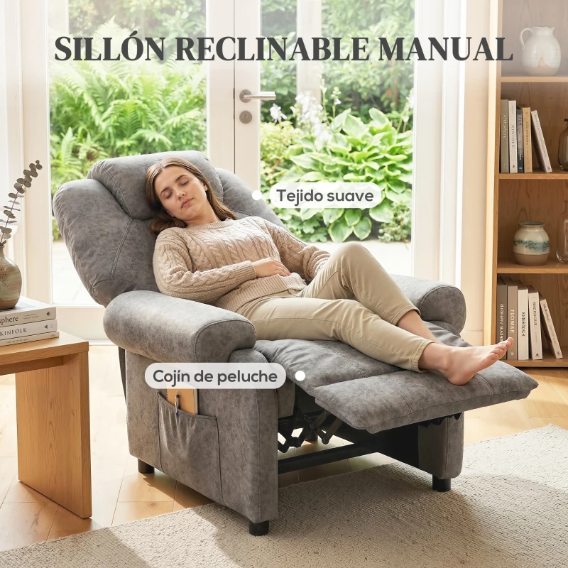 HOMCOM Sillón Relax Reclinable Manual hasta 135º con Reposabrazos Reposapiés Acolchado Grueso Gris