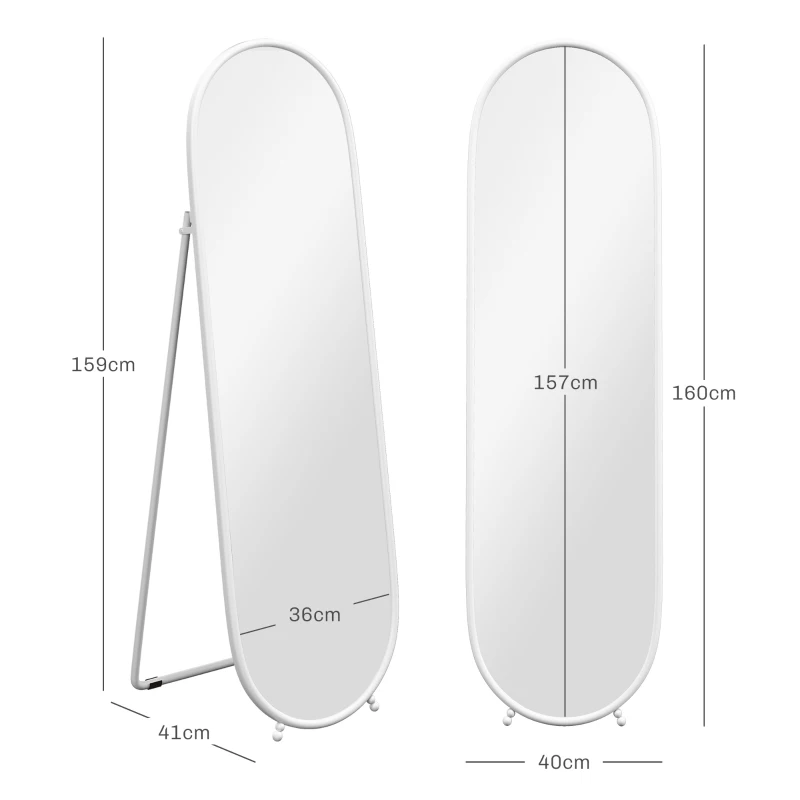 HOMCOM Espelho de Pé Oval 160x40 cm Espelho de Corpo Inteiro com Moldura Metálica Suporte e 2 Formas de Utilização Branco