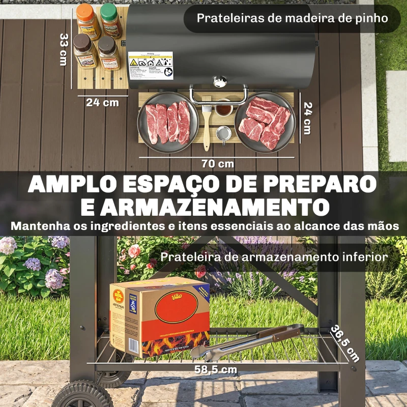 Outsunny Barbecue a Carvão Portátil Móvel com Prateleiras Dobráveis Termómetro Tampa Ventilações Ajustáveis 109x71x98 cm Preto