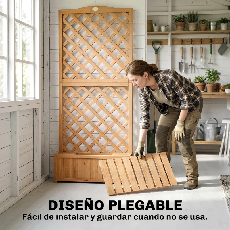 Outsunny Jardinera con Enrejado de Madera para Plantas Trepadoras con 2 Cajas Plegables Base de Listones 73x70x170 cm Natural