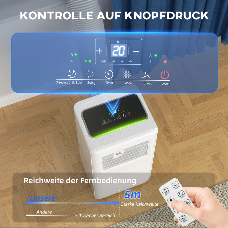 HOMCOM Mobile Klimaanlage, verschiedene Einstellungen, LED-Display, Timer, Räder, Weiß