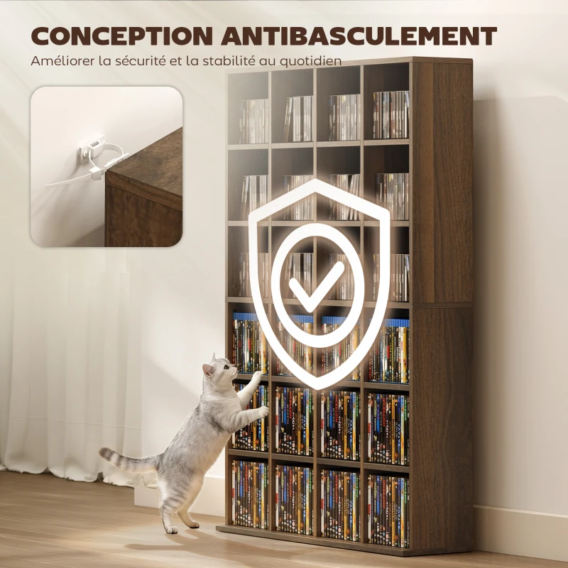 HOMCOM Meuble de rangement multimédia 456 CD/ 336 DVD - bibliothèque en bois avec étagères réglables, 89 x 130,5 cm, marron(m-6)