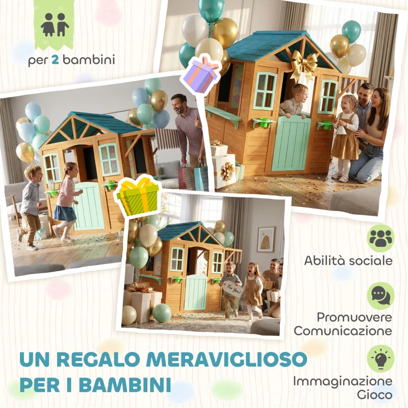 AIYAPLAY Casetta da Giardino per Bambini Finestra, Snack Bar, Mezza Porta, Portavasi, Telo Bersaglio, 4 Palline, Lavagna