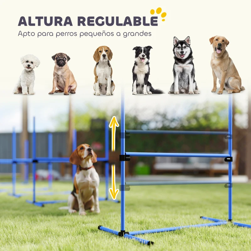 PawHut Set de Entrenamiento de Agilidad para Perros 4 Piezas Obstáculos Vallas de Salto con Altura Ajustable 99x65x94 cm Azul