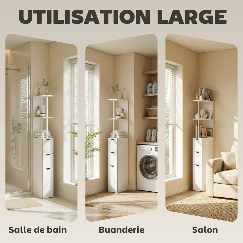 HOMCOM Meuble colonne salle de bain armoire de salle de bain avec tiroirs étagères ouvertes placard 15 x 33 x 136,8 cm blanc