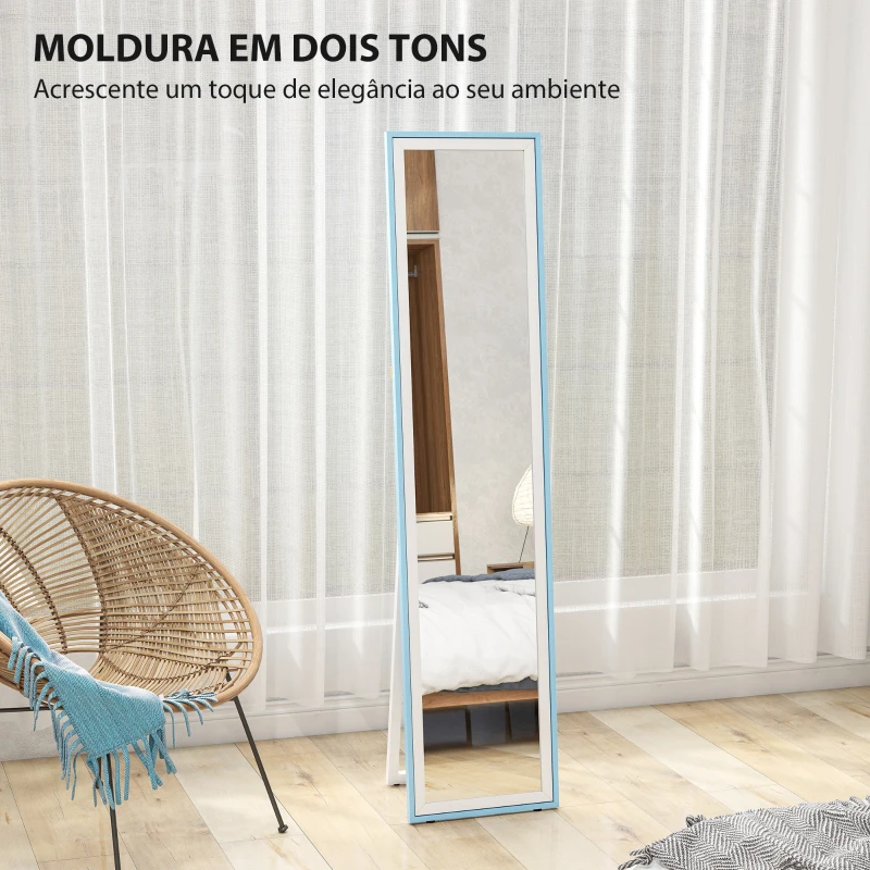 HOMCOM Espelho de Pé 157x37 cm com Moldura em MDF Espelho de Parede Retangular  com 2 Formas de Utilização Branco e Azul