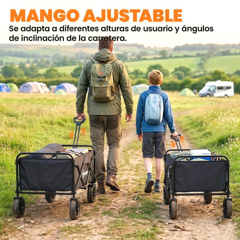 Outsunny Carro de Jardín Plegable con Ruedas Bloqueables Mango Ajustable Portavasos Carga 80 kg para Campaña 85x50x99 cm Negro