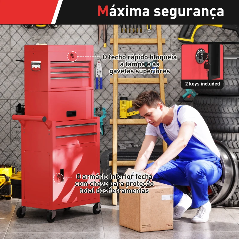 HOMCOM Carrinho de Ferramentas com 6 Gavetas Rodas Painel Lateral Perfurado e Caixa de Ferramentas Desmontável 60,5x33,5x131 cm Vermelho
