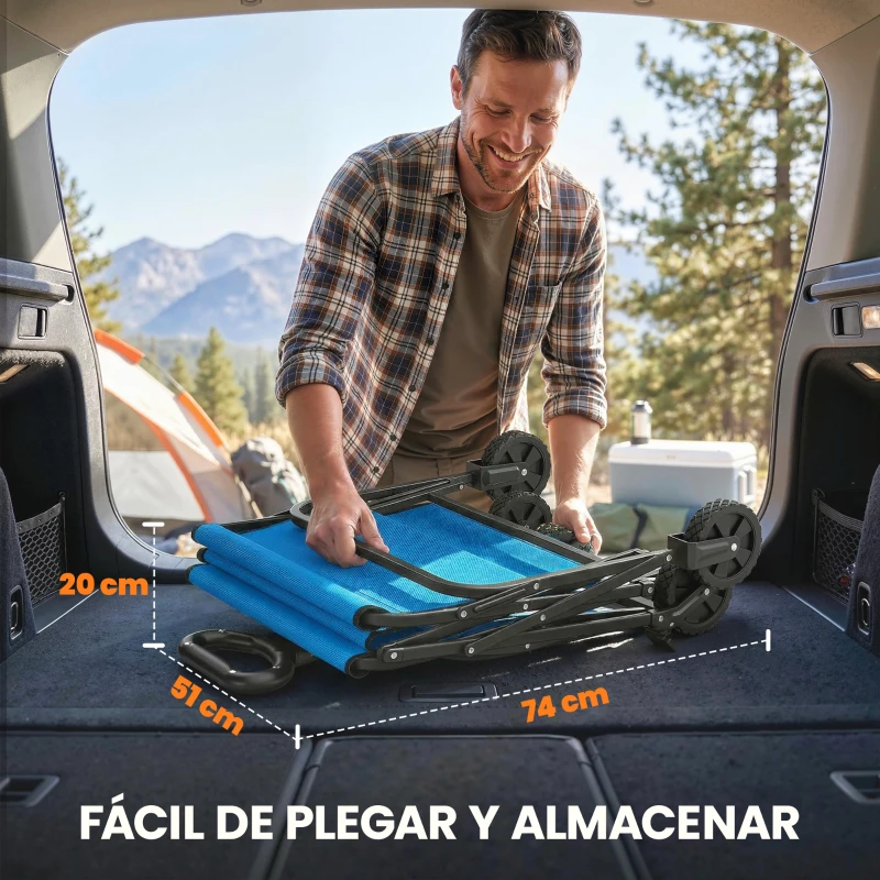 Outsunny Carro de Jardín Plegable con Ruedas Bloqueables Mango Ajustable Portavasos Carga 80 kg para Campaña 85x50x99 cm Azul