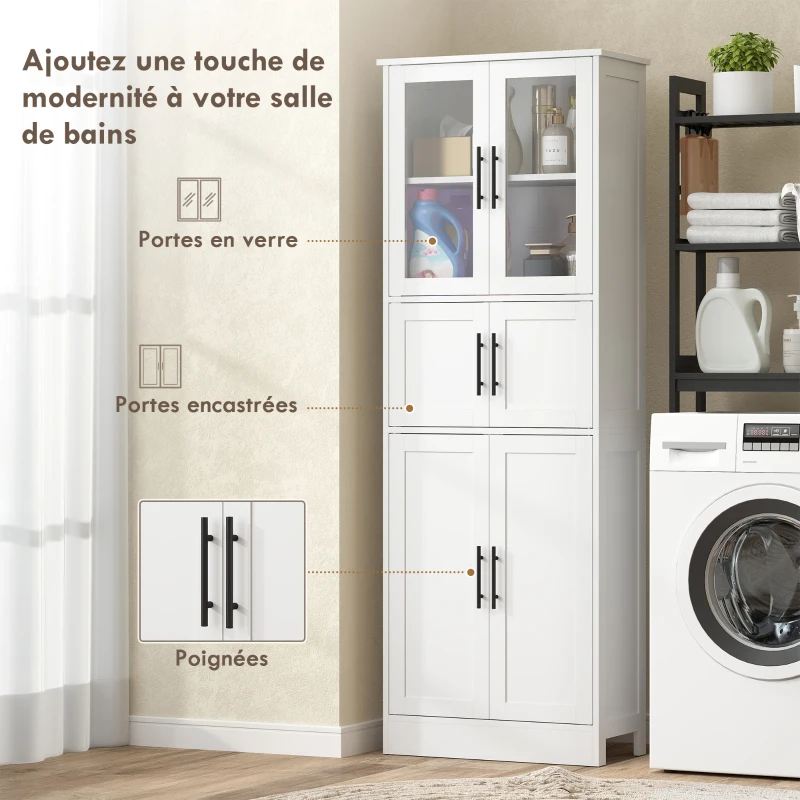 HOMCOM Meuble de salle de bain, meuble de rangement 6 niveaux, 6 portes dont 2 vitrées, étagères réglables, 60x30x170cm, blanc