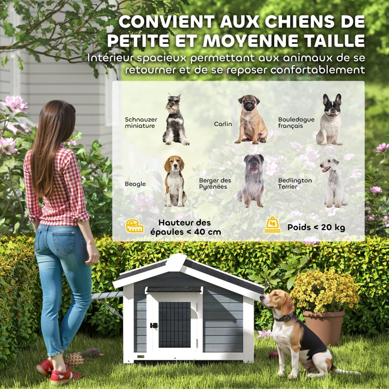 PawHut Niche pour Chien Extérieur Abri Jardin Surélevé Plancher Amovible Auvent de Porte et Toit Imperméable 98x76x69,5cm Gris