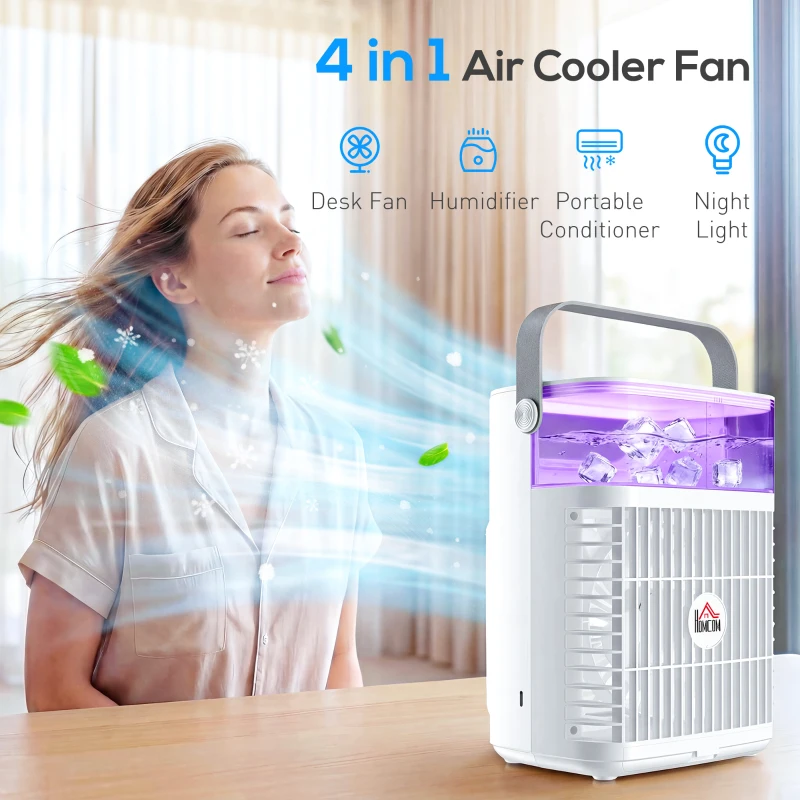 HOMCOM Air Cooler with Adjustable Head, Portable Air Conditioner with 3 Wind Speed, 2 Cool Mist, RGB Light, White