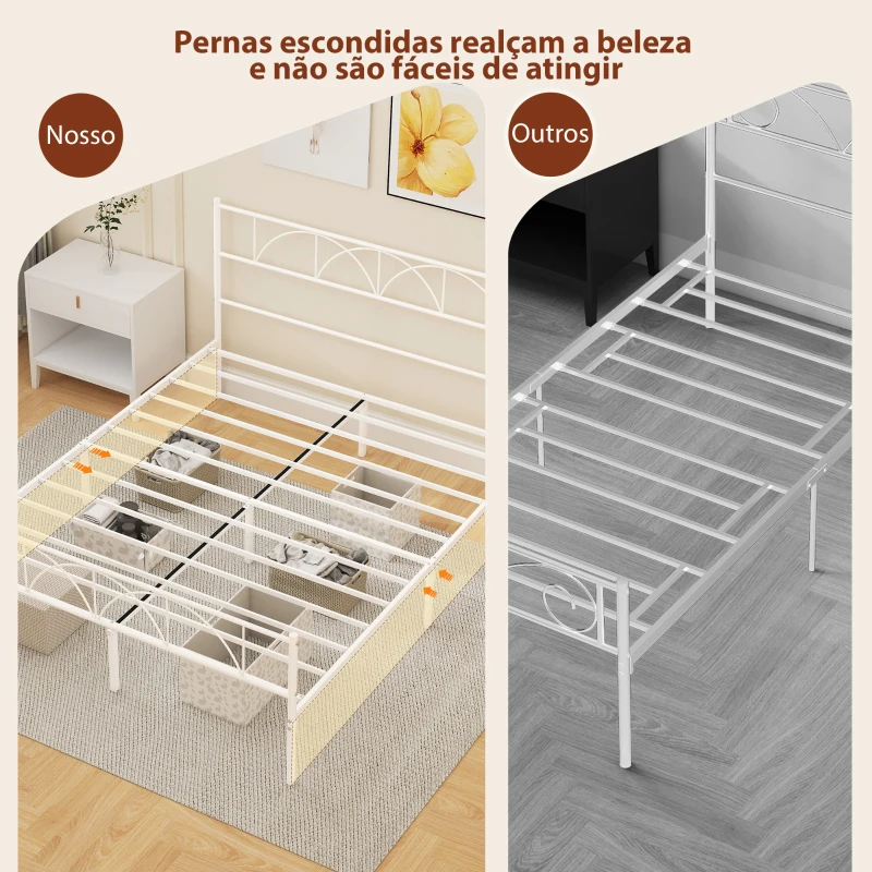 HOMCOM Cama de Casal com Cabeceira de Ripas de Aço e Espaço de Arrumação Debaixo da Cama Carga 330 kg 161,5x208x98 cm Branca