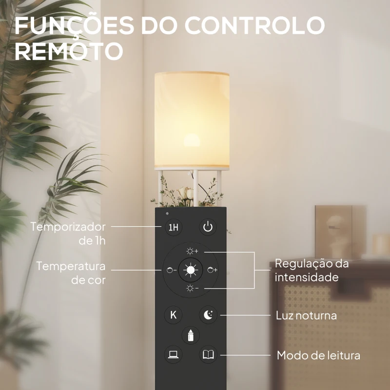 HOMCOM Candeeiro de Pé com Prateleiras 3 Temperaturas de Cor Controlo Remoto e Casquilho E27 Ø29x158 cm Branco