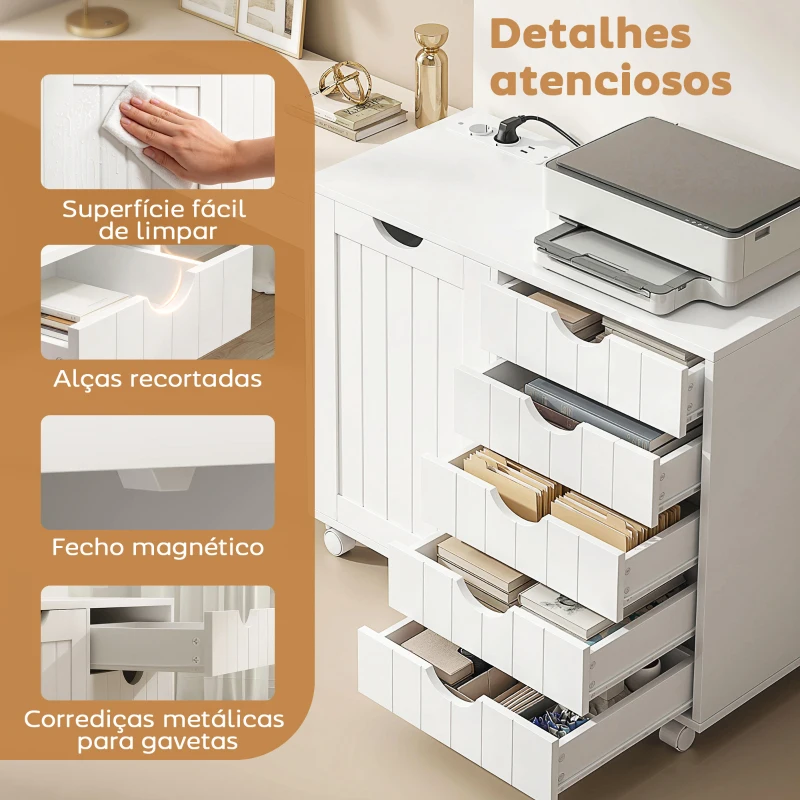 HOMCOM Móvel para Impressora com Estação de Carga e Rodas 5 Gavetas Portas USB Prateleira Ajustável Branco
