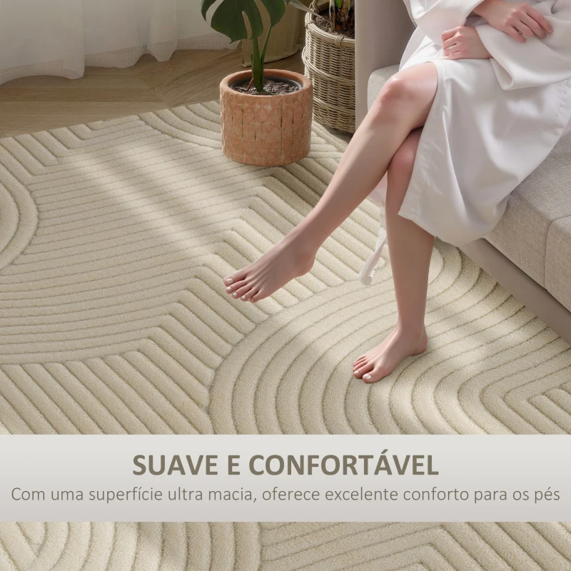 HOMCOM Tapete Sala de Estar 160x120 cm Tapete Pelo Curto Estilo Moderno Base Antiderrapante Tecida à Máquina Creme