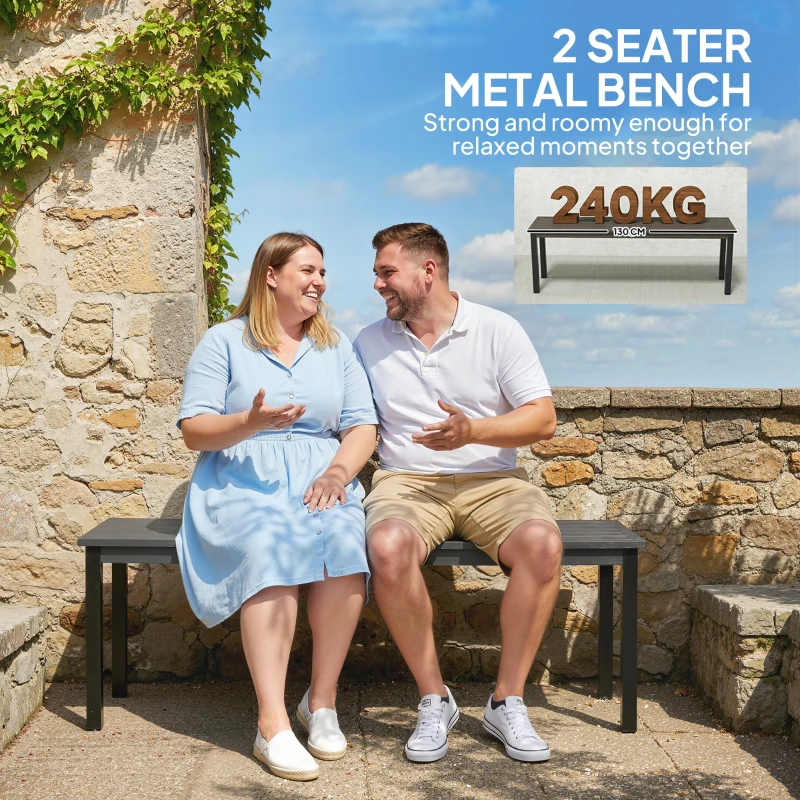 Outsunny 2 Seater Garden Bench, Outdoor Bench Loveseat with Wood-Effect Slatted Seat and Steel Frame for Patio, Park, Grey