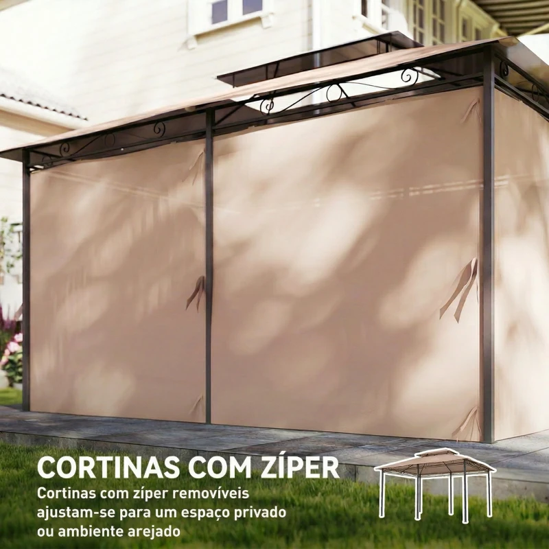 Outsunny Pérgola para Jardim 3x4 m Pérgola de Exterior com Telhado Duplo 6 Paredes Laterais Estrutura Metálica Caqui