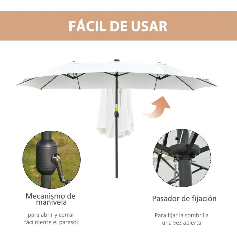 Outsunny Sombrilla Doble con 48 Luces LED 4,5x2,65 m Manivela Protección Solar para Terraza Jardín Piscina Crema