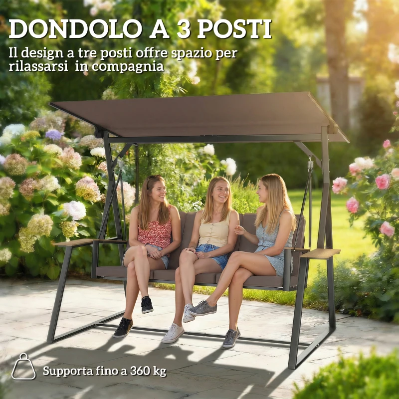 Outsunny Dondolo da Giardino 3 Posti con Tettuccio Regolabile, Dondolo da Esterno in Metallo con Vassoi Porta Bicchieri, Cuscini Imbottiti, Portata 360kg, per Terrazzo Balcone, 222x131x175 cm, Marrone