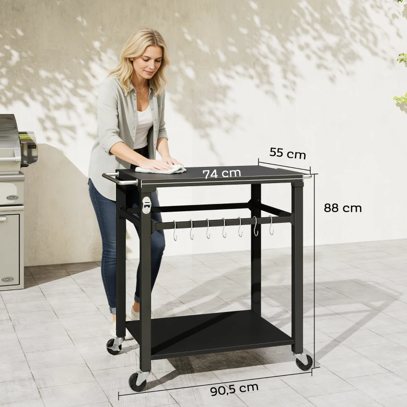 Outsunny Outdoor-Grillwagen, Pizzaofen-Stand mit Metalloberfläche, 2-stufige rollende Küchenstation mit Haken und Griff, Schwarz